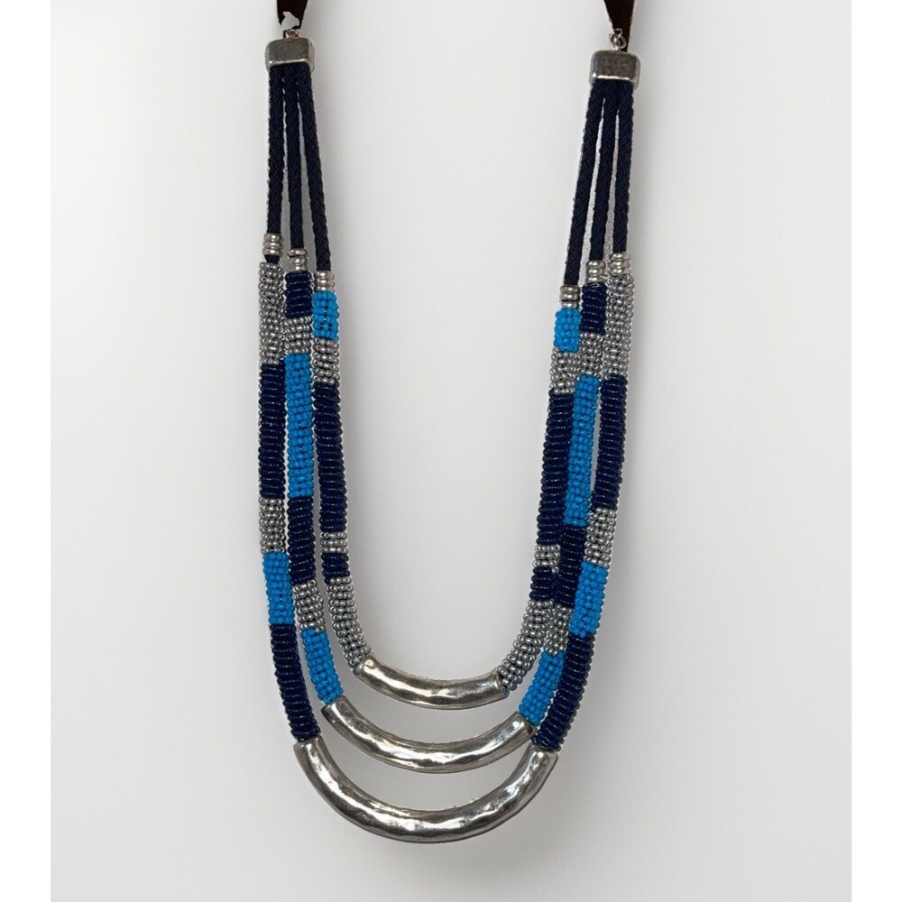 Chico's Multi Strand Beaded Layer Statement Necklace Blue Silver Tone Geometric